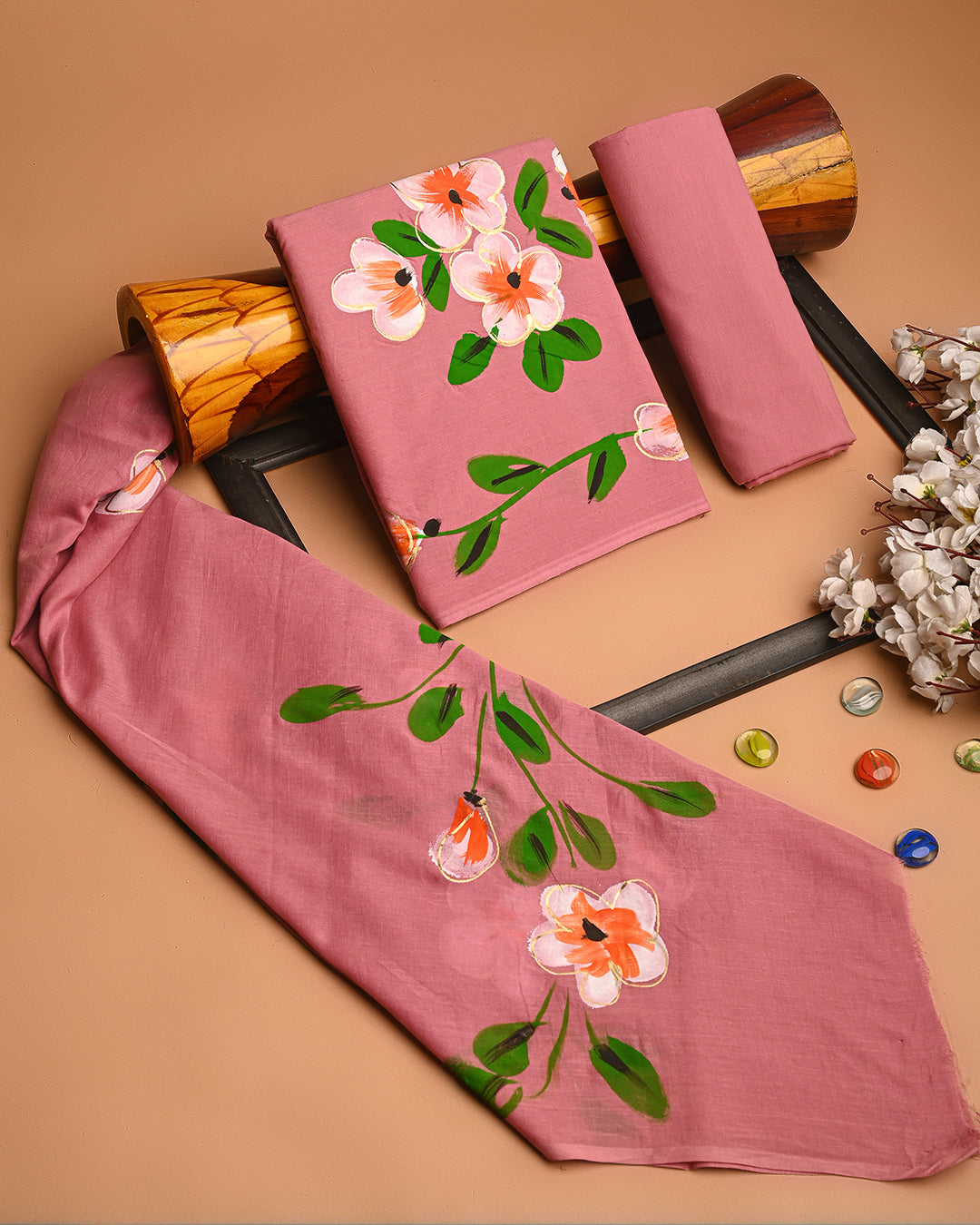 Premium Pink & Green Floral Hand Block Printed Cotton Suit With Cotton Dupatta (BSCOTMU47)