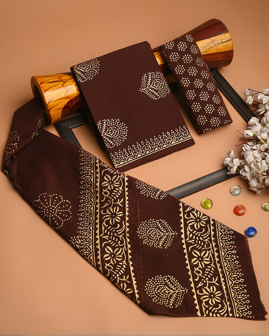 Premium Brown Floral Hand Block Printed Cotton Suit With Cotton Dupatta (BSCOTMU58)