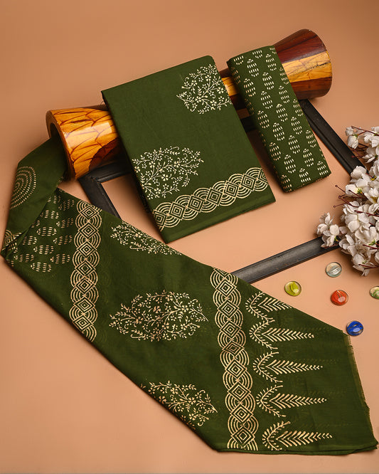 Premium Dark green Hand Block Printed Cotton Suit With Cotton Dupatta (BSCOTMU55)