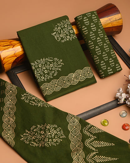 Premium Dark green Hand Block Printed Cotton Suit With Cotton Dupatta (BSCOTMU55)