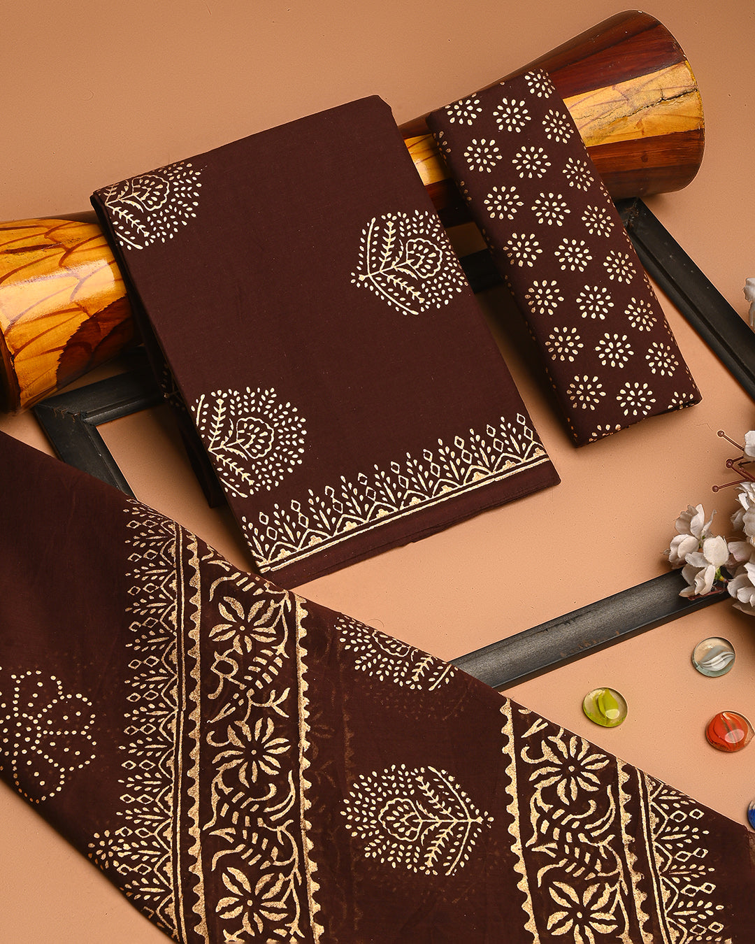 Premium Brown Floral Hand Block Printed Cotton Suit With Cotton Dupatta (BSCOTMU58)