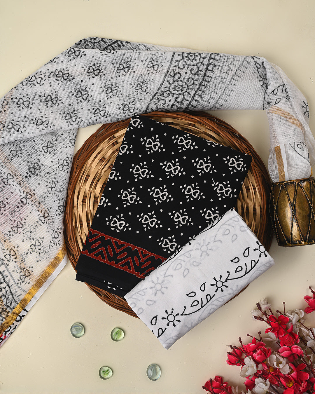 New Exclusive White & black Hand Block Printed Cotton Suit With Kota Doria Dupatta BSCOTKO46