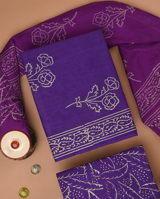 Premium Purple Hand Block Printed Cotton Suit With Chiffon Dupatta (BSCOTCH66)