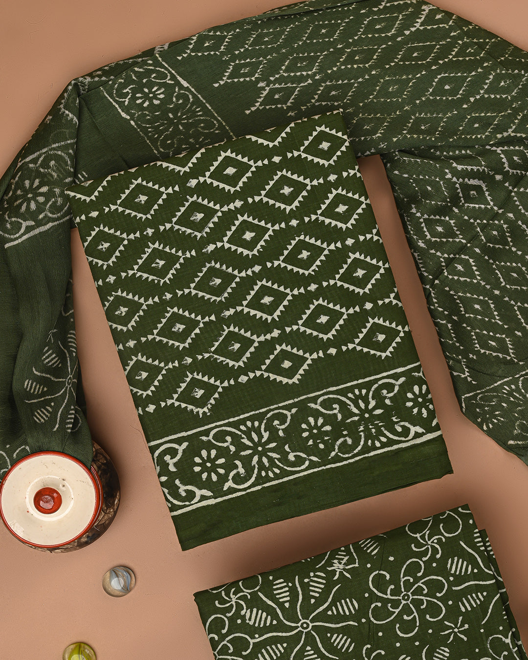 Premium Dark Green Hand Block Sanganeri Print Cotton Suit With Chiffon Dupatta (BSCOTCH69)