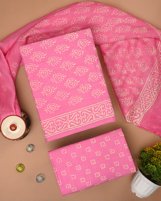 Premium Pink & golden Floral Sanganeri Print Cotton Suit With Chiffon Dupatta (BSCOTCH63)