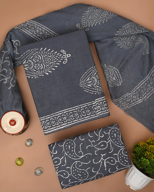 Exclusive Hand Block Sanganeri Print Cotton Suit With Chiffon Dupatta (BSCOTCH67)