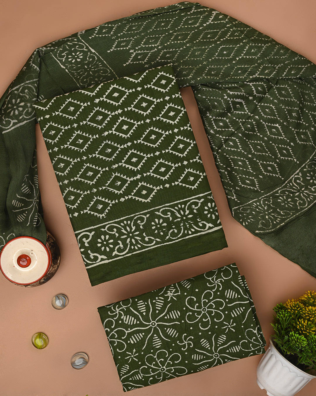 Premium Dark Green Hand Block Sanganeri Print Cotton Suit With Chiffon Dupatta (BSCOTCH69)