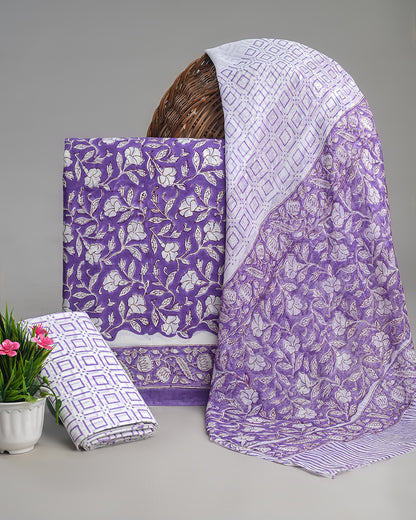 Elegant Purple Hand Block Sanganeri Print Cotton Suit With Chiffon Dupatta (BSCOTCH24)