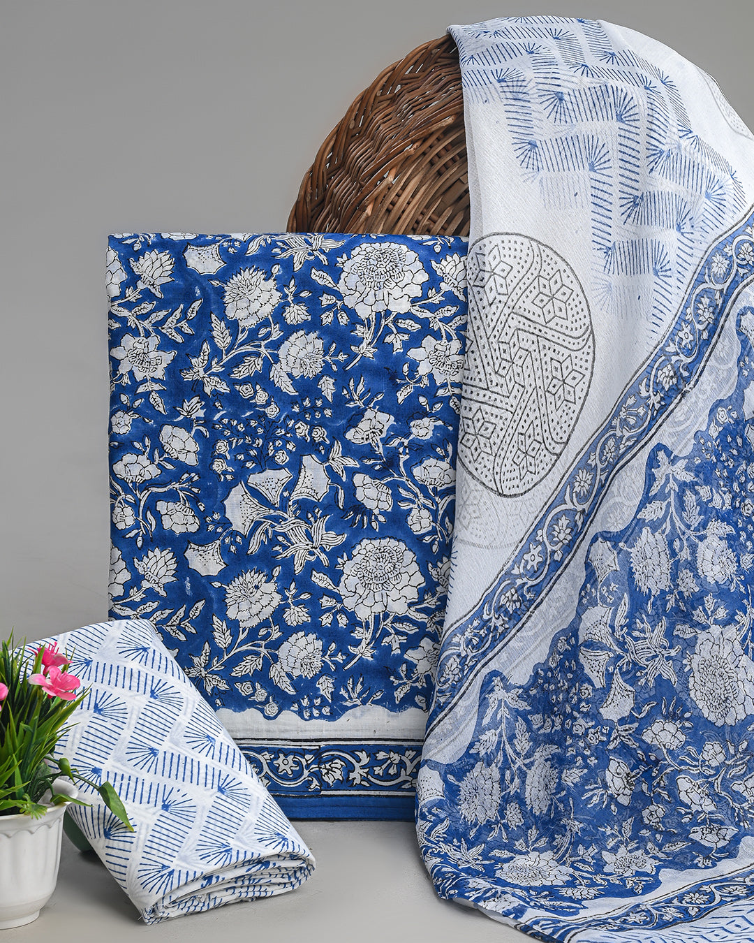 Premium Blue With White Floral Sanganeri Print Cotton Suit With Chiffon Dupatta (BSCOTCH36)