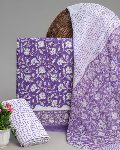 Elegant Purple Hand Block Sanganeri Print Cotton Suit With Chiffon Dupatta (BSCOTCH24)