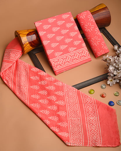 Exclusive Peach  and White Hand Block Print Fabric Cotton Suit With Cotton Dupatta(BSCOTMU27)