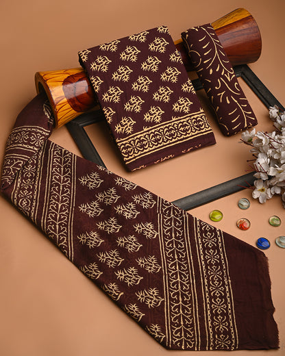 Premium Brown  DIscharge Print Cotton Suit With Cotton Dupatta (BSCOTMU77)