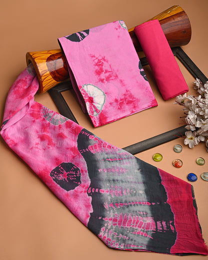 Premium Pink Tie and Dye  Print Cotton Suit With Cotton Dupatta (BSCOTMU85)