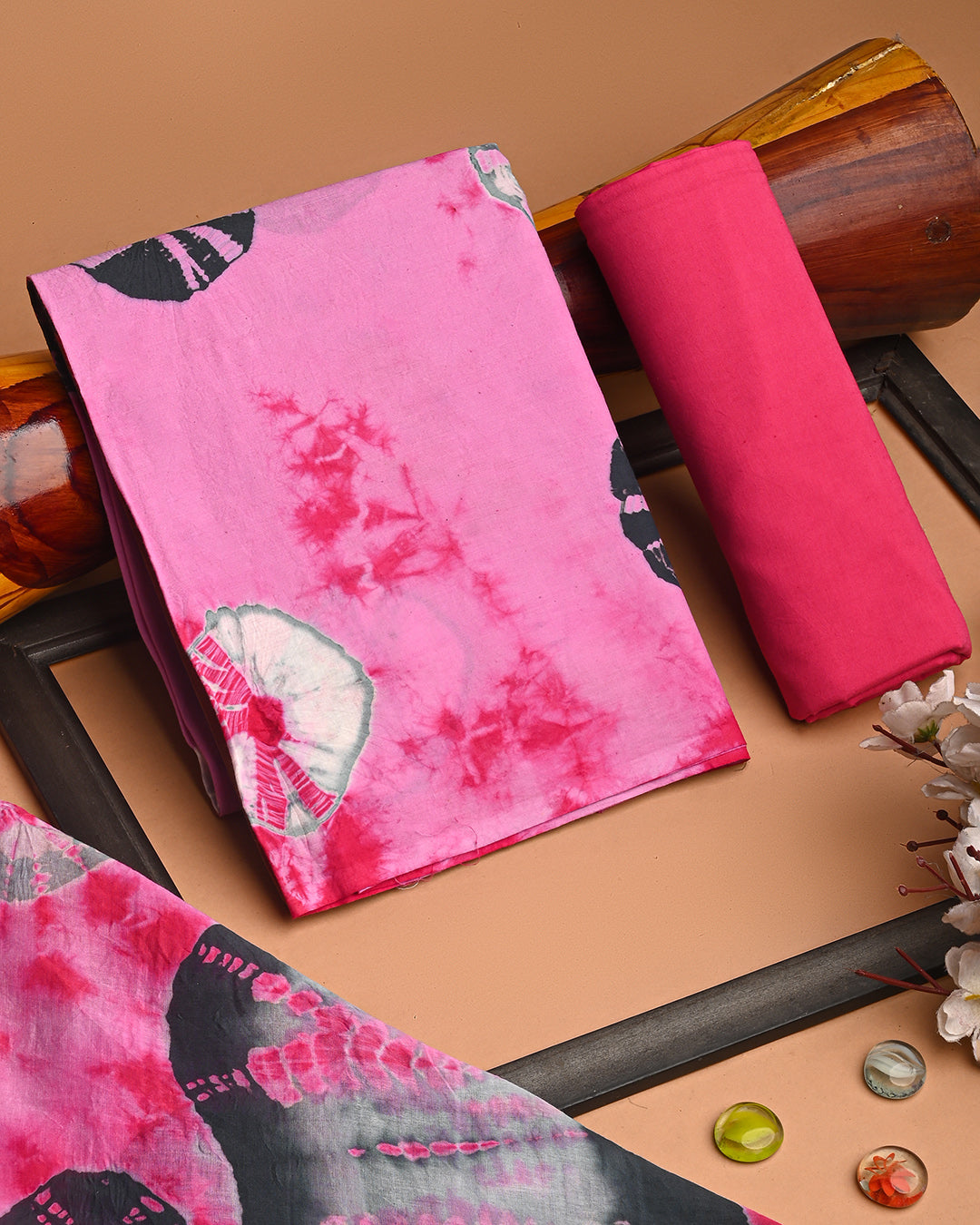 Premium Pink Tie and Dye  Print Cotton Suit With Cotton Dupatta (BSCOTMU85)