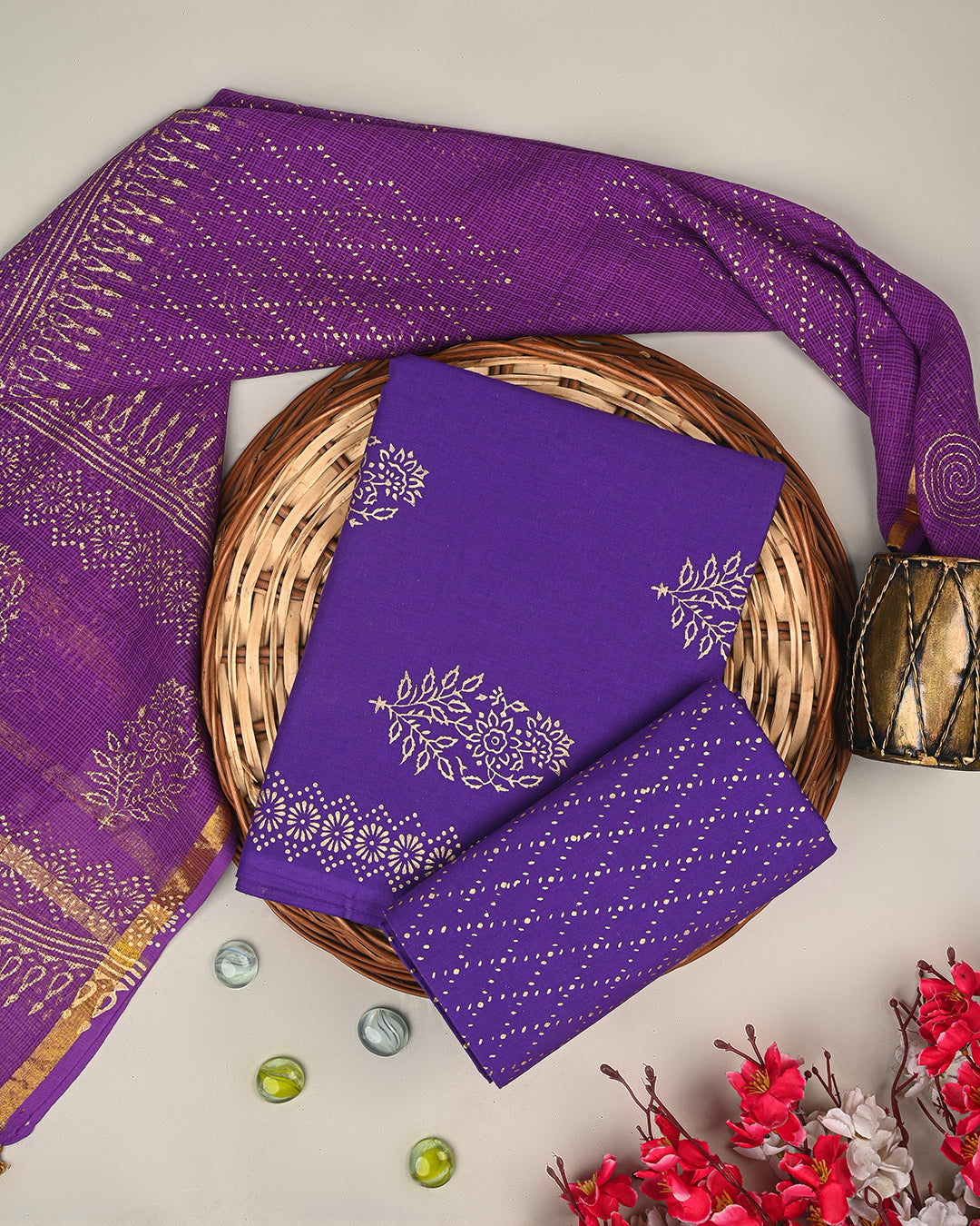 Exclusive Purple Gold Print Cotton Suit With Kota Doria Dupatta(BSCOTKO72)