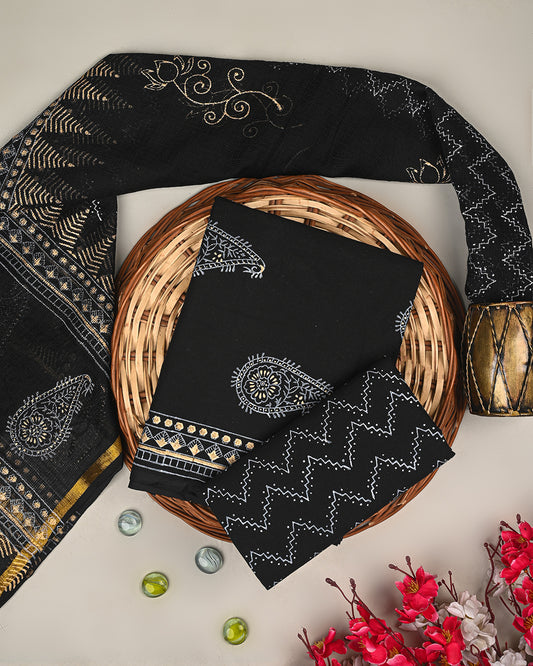 Exculsive Black Khadi Gold Print Cotton Suit Sets With Kota Doria Dupatta (BSCOTKO71)