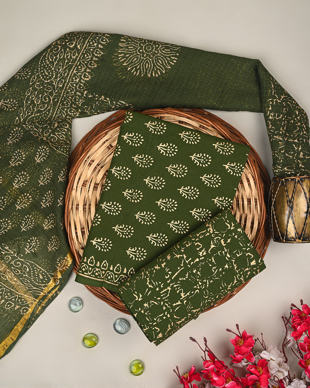 Elegant Green Gold Print Cotton Suit Sets With Kota Doria Dupatta (BSCOTKO75)