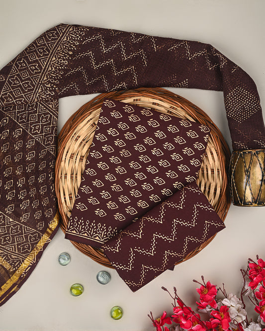 Exclusive Brown Gold Print Cotton Suit Sets With Kota Doria Dupatta (BSCOTKO73)