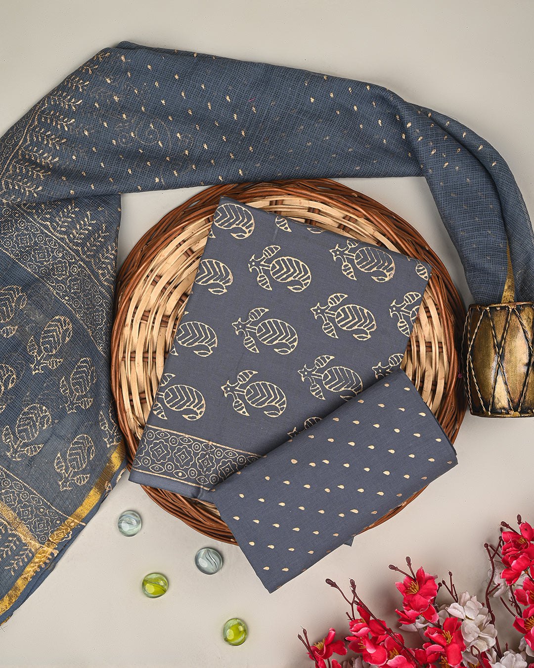 Premium Grey Gold Print Print Cotton Suit Sets With Kota Doria Dupatta (BSCOTKO74)