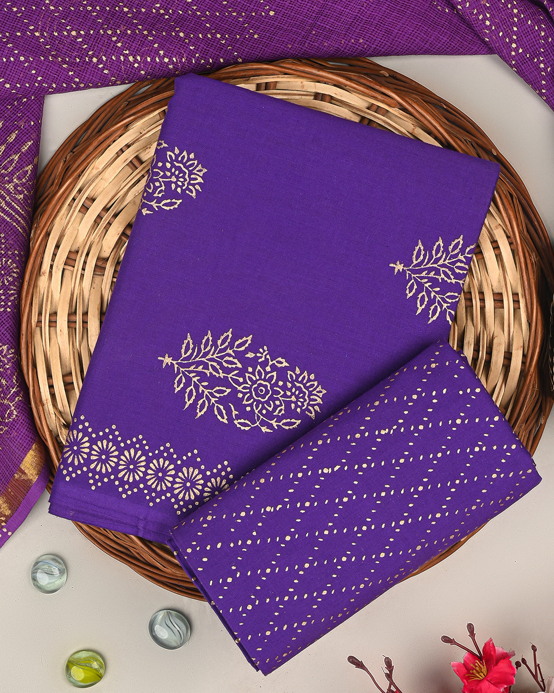 Exclusive Purple Gold Print Cotton Suit With Kota Doria Dupatta(BSCOTKO72)