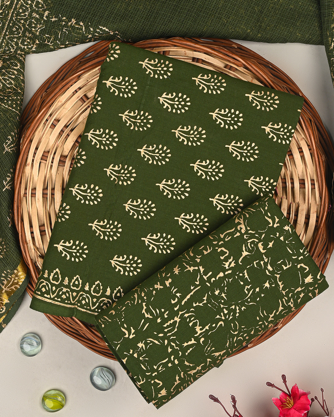 Elegant Green Gold Print Cotton Suit Sets With Kota Doria Dupatta (BSCOTKO75)