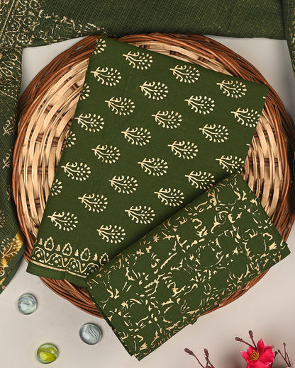 Elegant Green Gold Print Cotton Suit Sets With Kota Doria Dupatta (BSCOTKO75)