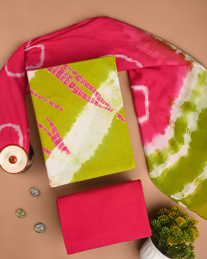 Premium Pink and Green Tie and Dye Print Cotton Suit With Chiffon Dupatta (BSCOTCH71)