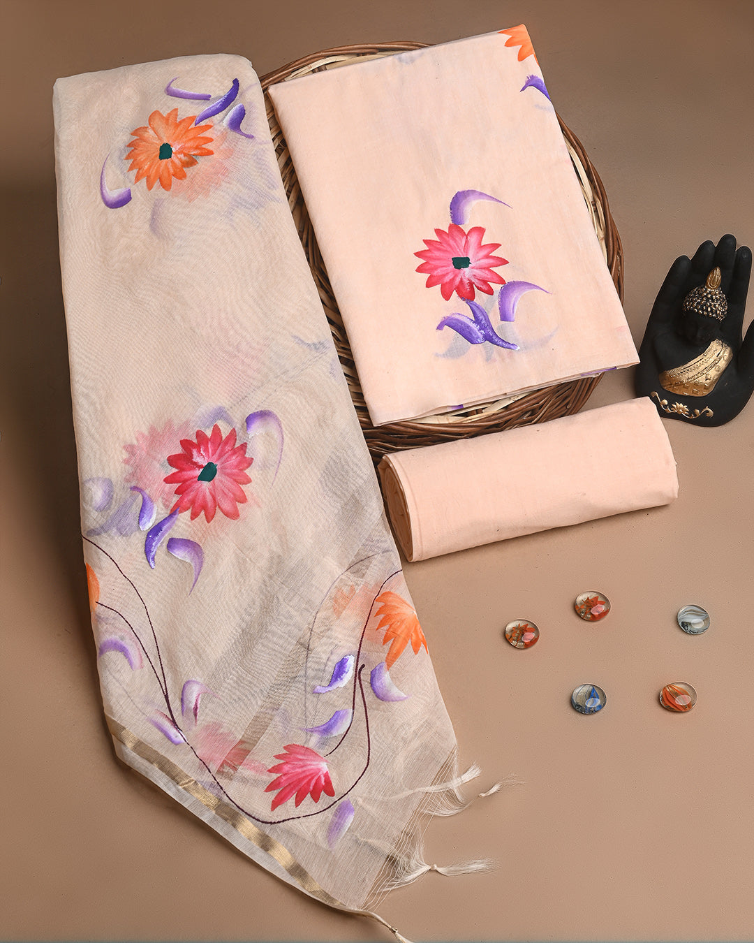 New Peach  Hand Block Printed Cotton Suit With Chnaderi Dupatta BSCD07