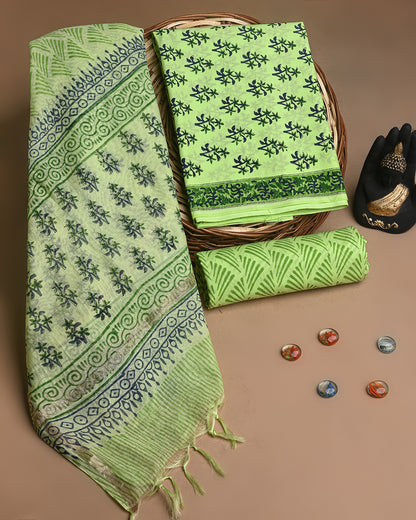 New Green Hand Block Printed Cotton Suit With Chnaderi Dupatta BSCD05