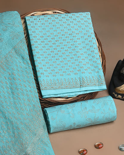 Sky Blue Hand Block Printed Cotton Suit With Chnaderi Dupatta BSCD06