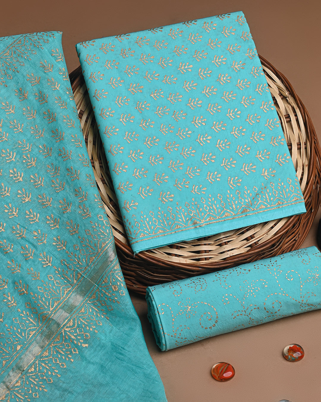 Sky Blue Hand Block Printed Cotton Suit With Chnaderi Dupatta BSCD06