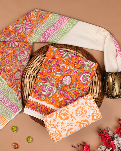 Traditional Sanganeri Printed  Cotton Suit With Cotton Dupatta(BSCOTMU88)