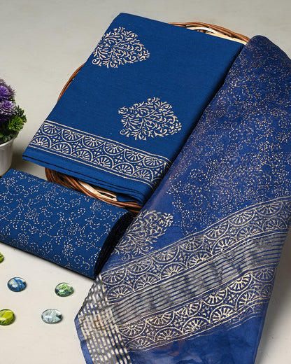 Elegant Blue Hand Block Printed Cotton Suit With Organza Dupatta BSCOD32