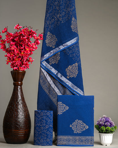 Fresh Blue with Golden Work Hand Block Printed Cotton Suit With Linen Dupatta BSLID11