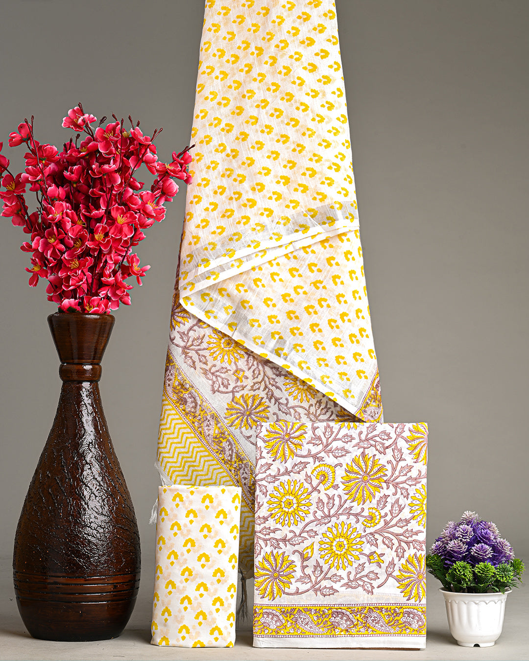 Yellow Hand Block Printed Cotton Suit With Linen Dupatta BSLID03