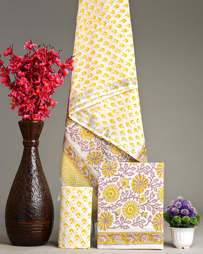 Yellow Hand Block Printed Cotton Suit With Linen Dupatta BSLID03