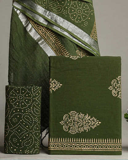 New Green Hand Block Printed Cotton Suit With Linen Dupatta BSLID14