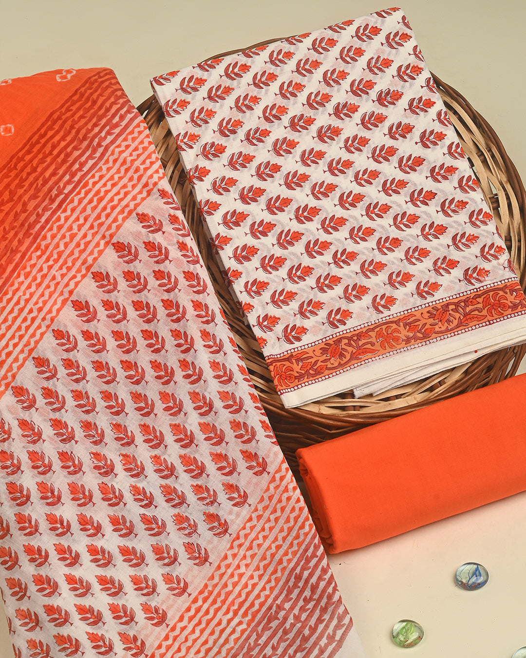 Premium White & orange Hand Block Printed Cotton Suit With Cotton Dupatta (BSCOTMU12)