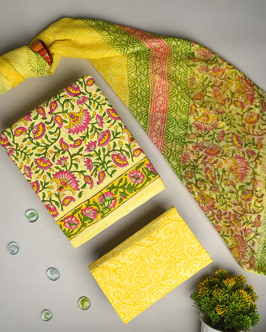 Exclusive Yellow Jaal print Hand Block Printed Cotton Suit With Kota Dupatta(BSCOTKO19)