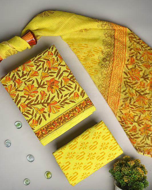 Exclusive Yellow Hand Block Printed Cotton Suit With Kota Doria Dupatta(BSCOTKO17)