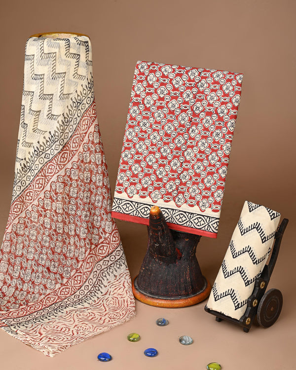Premium Multicolour Hand Block Sanganeri Print Cotton Suit With Chiffon Dupatta (BSCOTCH15)