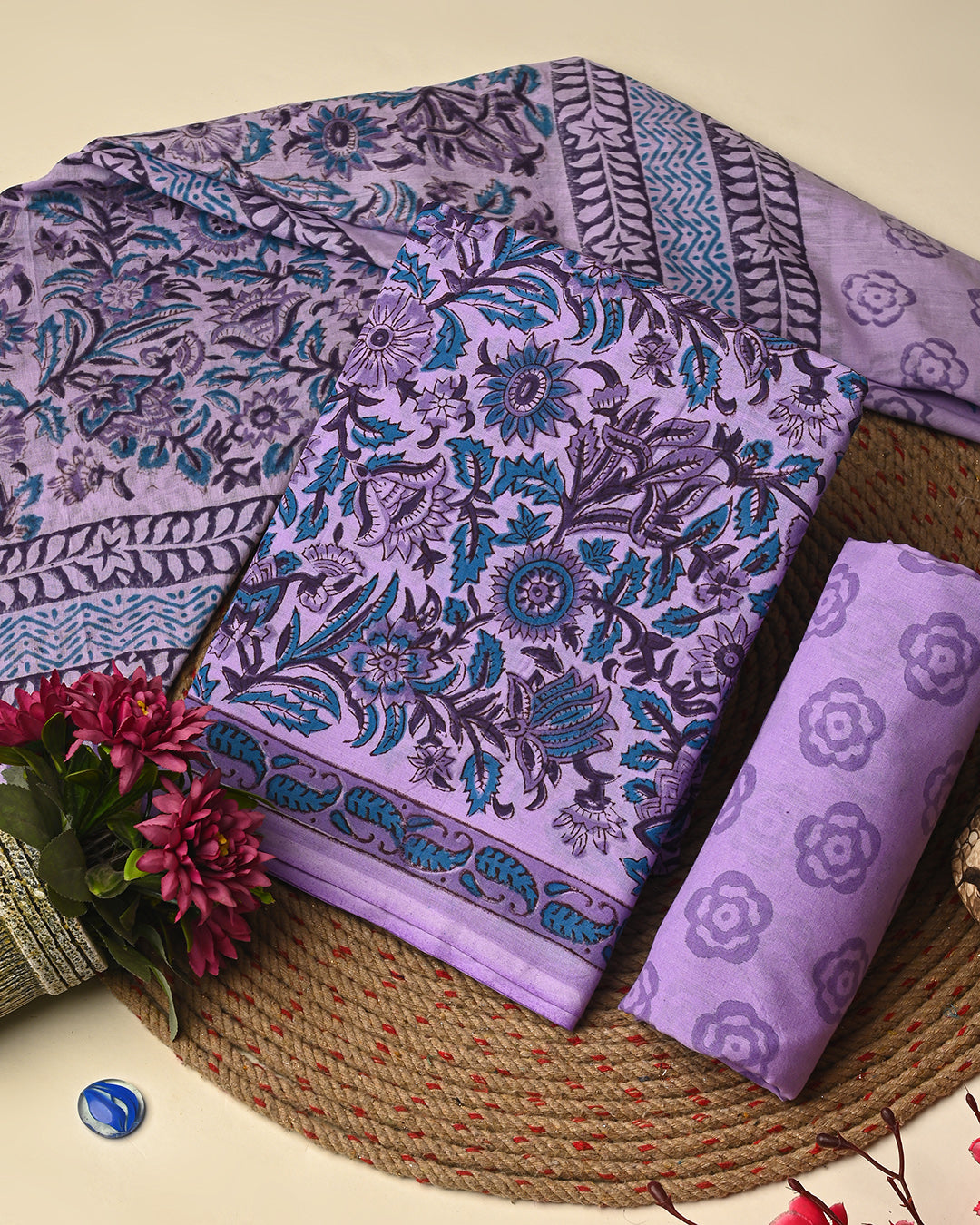 Traditional Purple Hand Painted Cotton Suit With Cotton Dupatta (BSCOTMU25)