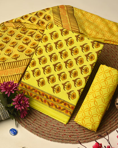 Premium Yellow Hand Block Printed Cotton Suit With Cotton Duptta (BSCOTMU20)