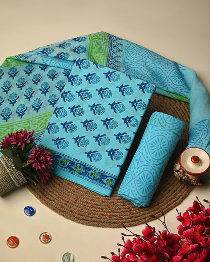 Exclusive Blue Hand Block Cotton Suit With Cotton Dupatta(BSCOTMU22)