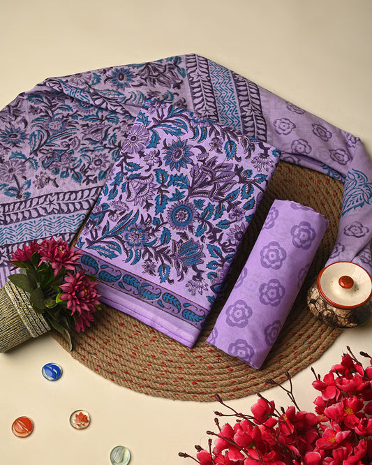 Traditional Purple Hand Painted Cotton Suit With Cotton Dupatta (BSCOTMU25)