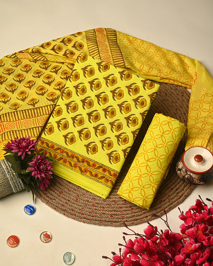 Premium Yellow Hand Block Printed Cotton Suit With Cotton Duptta (BSCOTMU20)