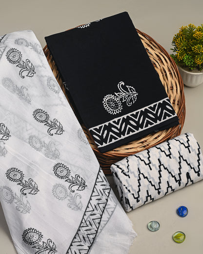 Premium White & black Hand Block Printed Cotton Suit With Chiffon Dupatta (BSCOTCH58)