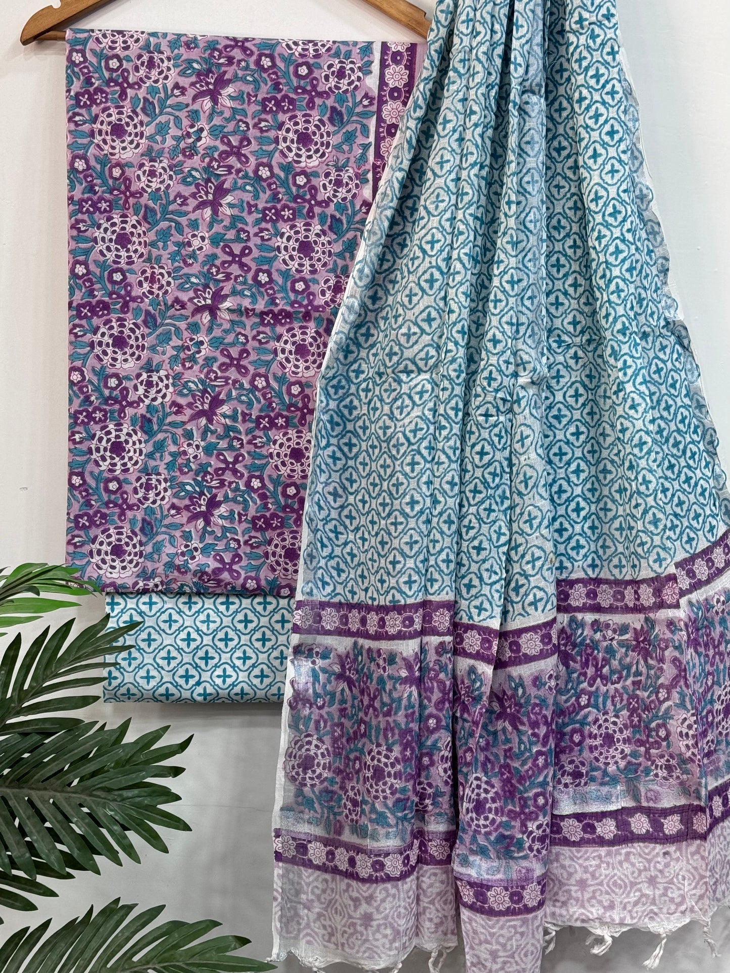 New Light Purple Blue Hand Block Printed Cotton Suit With Linen Dupatta BSLID25