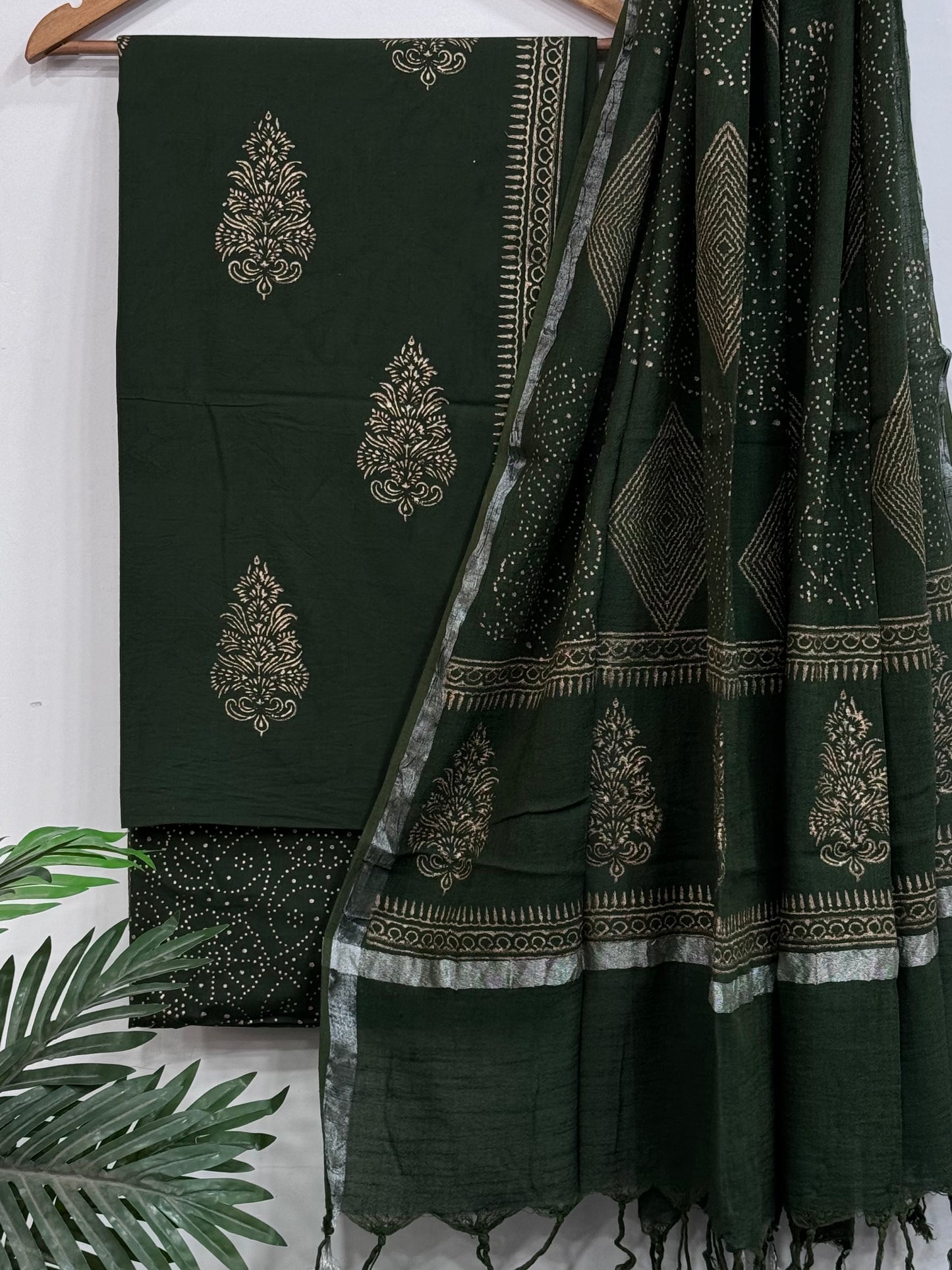 New Green Hand Block Printed Cotton Suit With Linen Dupatta BSLID14