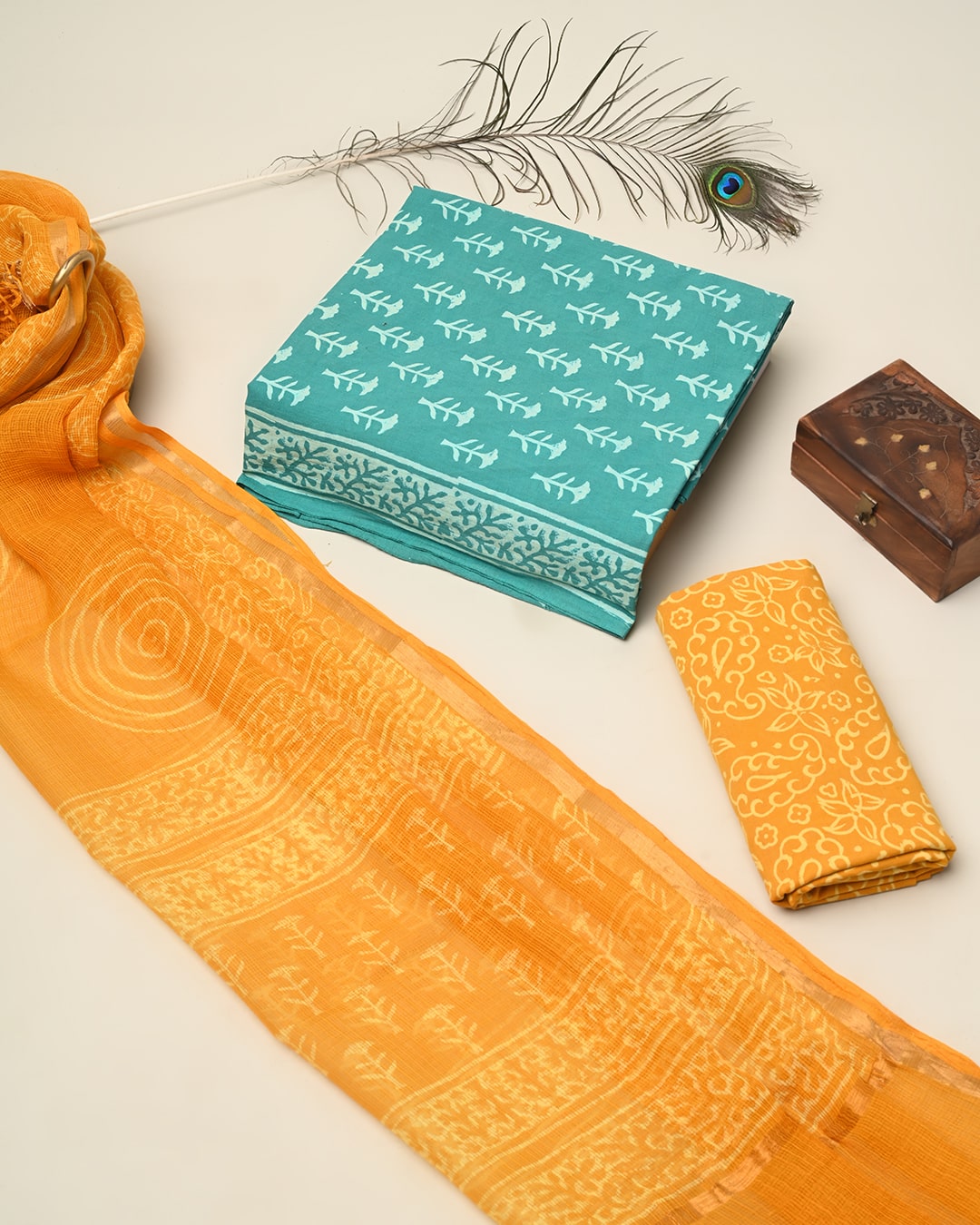 Hand Block Print Cotton Suit Sets With Kota Doria Dupatta